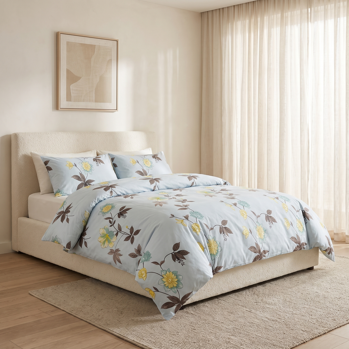 Azure Duvet Cover Set, made bed, yellow blooms on sky blue