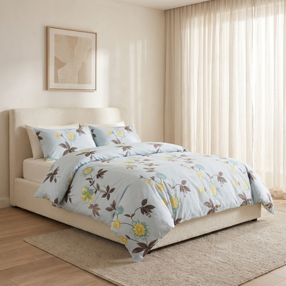 Azure Duvet Cover Set, made bed, yellow blooms on sky blue