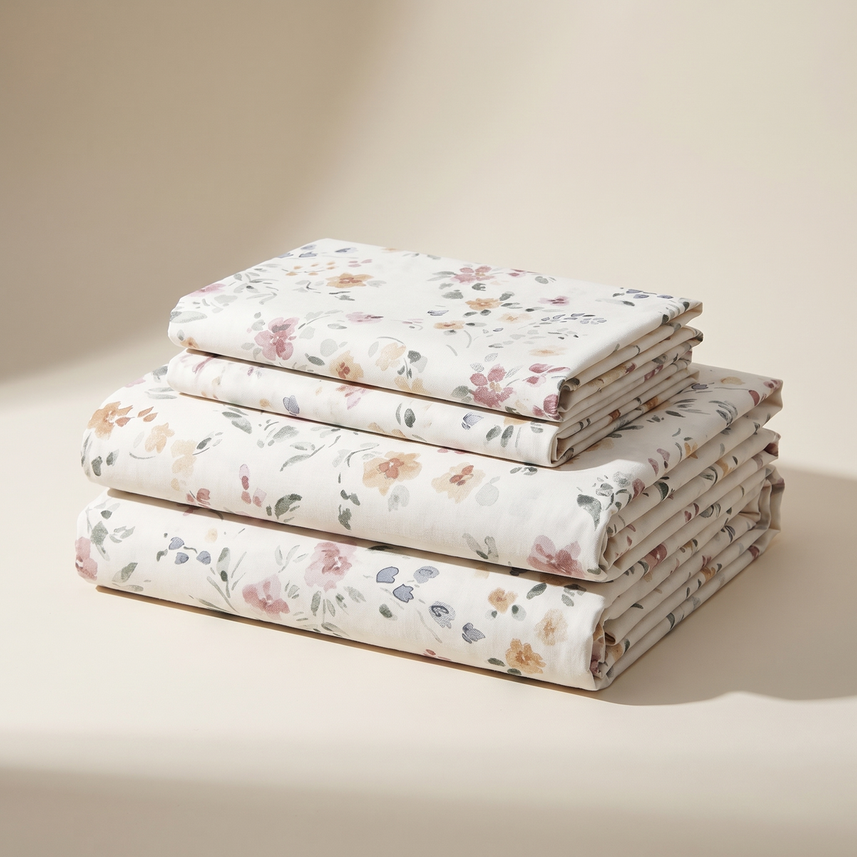 Meadow Sheet Set, folded stack, watercolor wildflowers in rose and amber