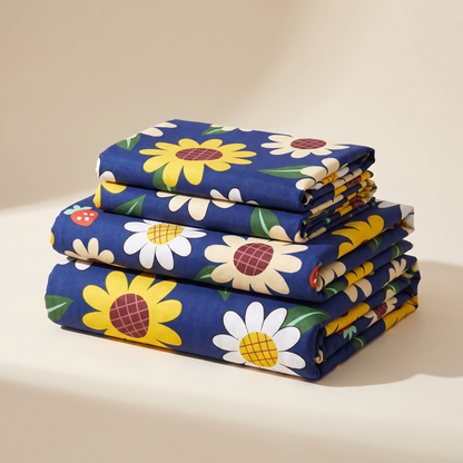 Sunny Sheet Set, folded stack, sunflowers and daisies on navy