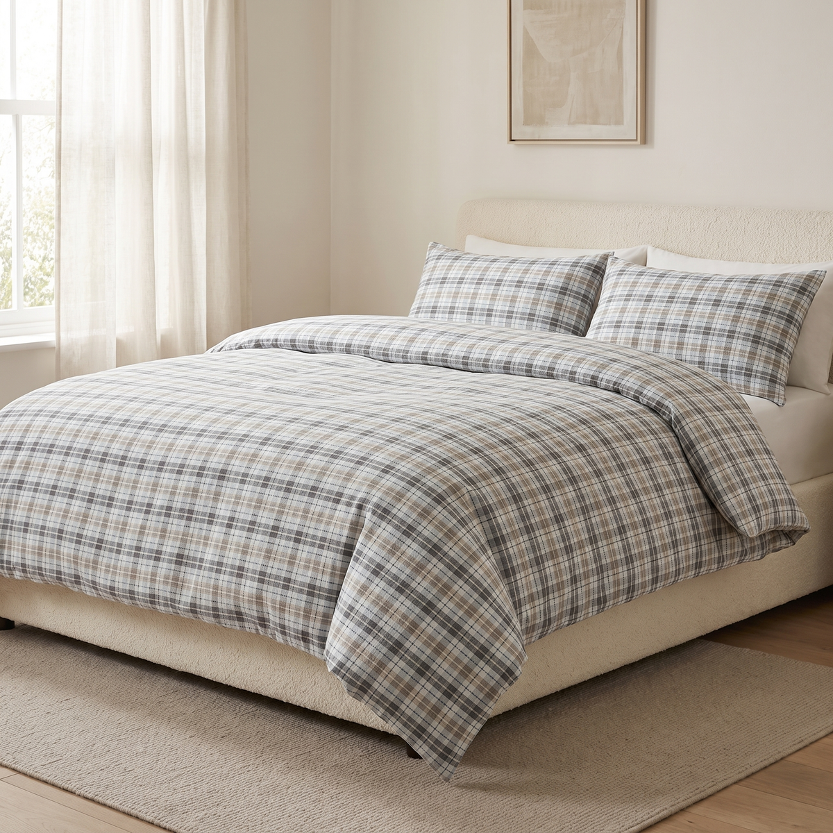 Oxford Duvet Cover Set, made bed, gray and slate blue plaid
