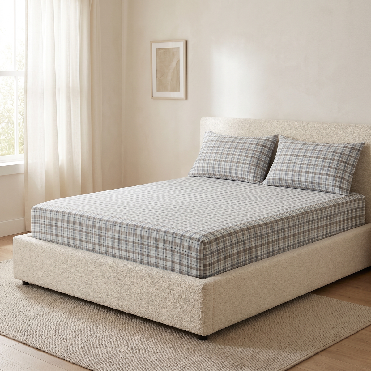 Oxford Sheet Set, made bed, gray and slate blue plaid