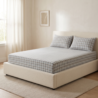 Oxford Sheet Set, made bed, gray and slate blue plaid
