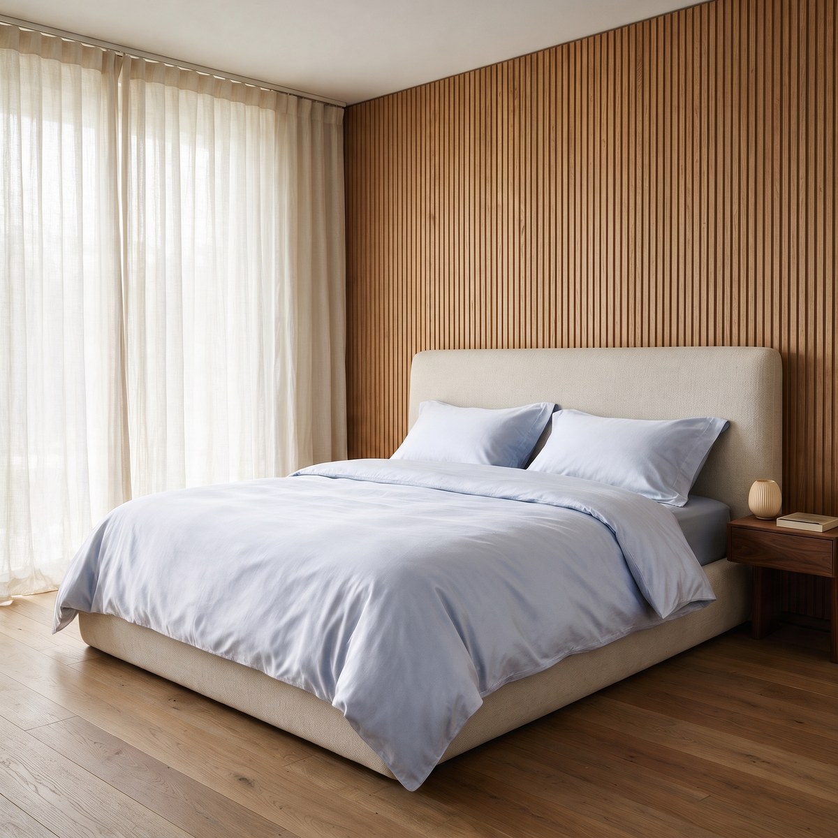 Mist Sateen Duvet Cover Set, made bed in an oak slat bedroom, pale gray-blue