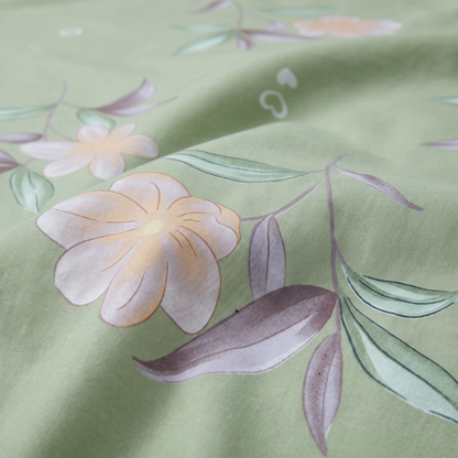Lotus Duvet Cover Set, fabric close-up, pale pink lotus flowers on sage green