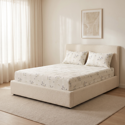 Heather Sheet Set, made bed, thyme and heather in gray-green on cream