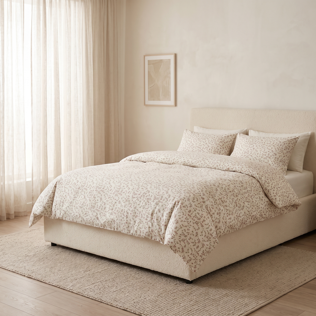Fern Duvet Cover Set, made bed, tiny sprigs on cream