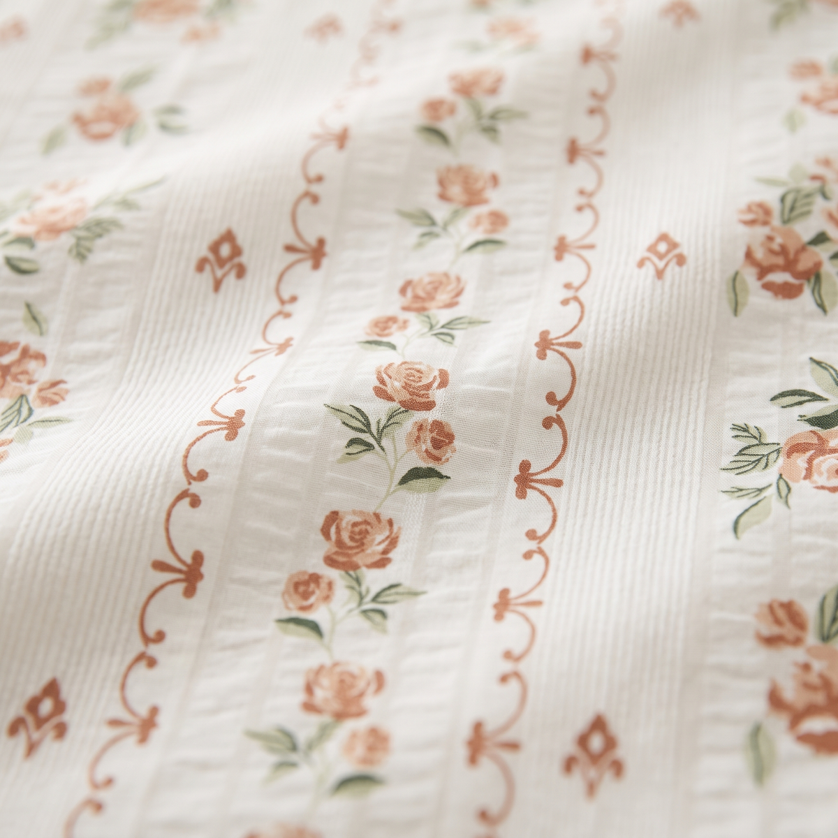 Rosette Sheet Set, fabric close-up, small coral roses on vines