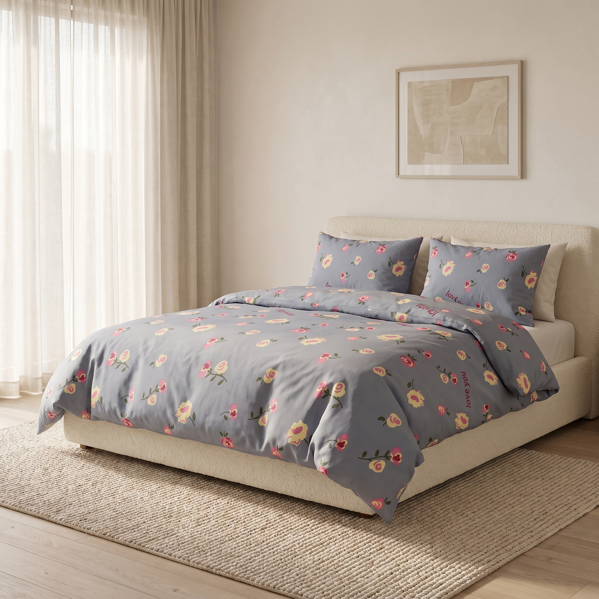 Amour Duvet Cover Set, made bed, small roses and hearts on dusty blue