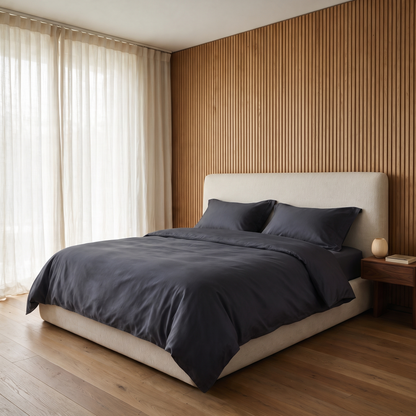 Charcoal Duvet Cover Set, made bed in an oak slat bedroom, deep charcoal gray