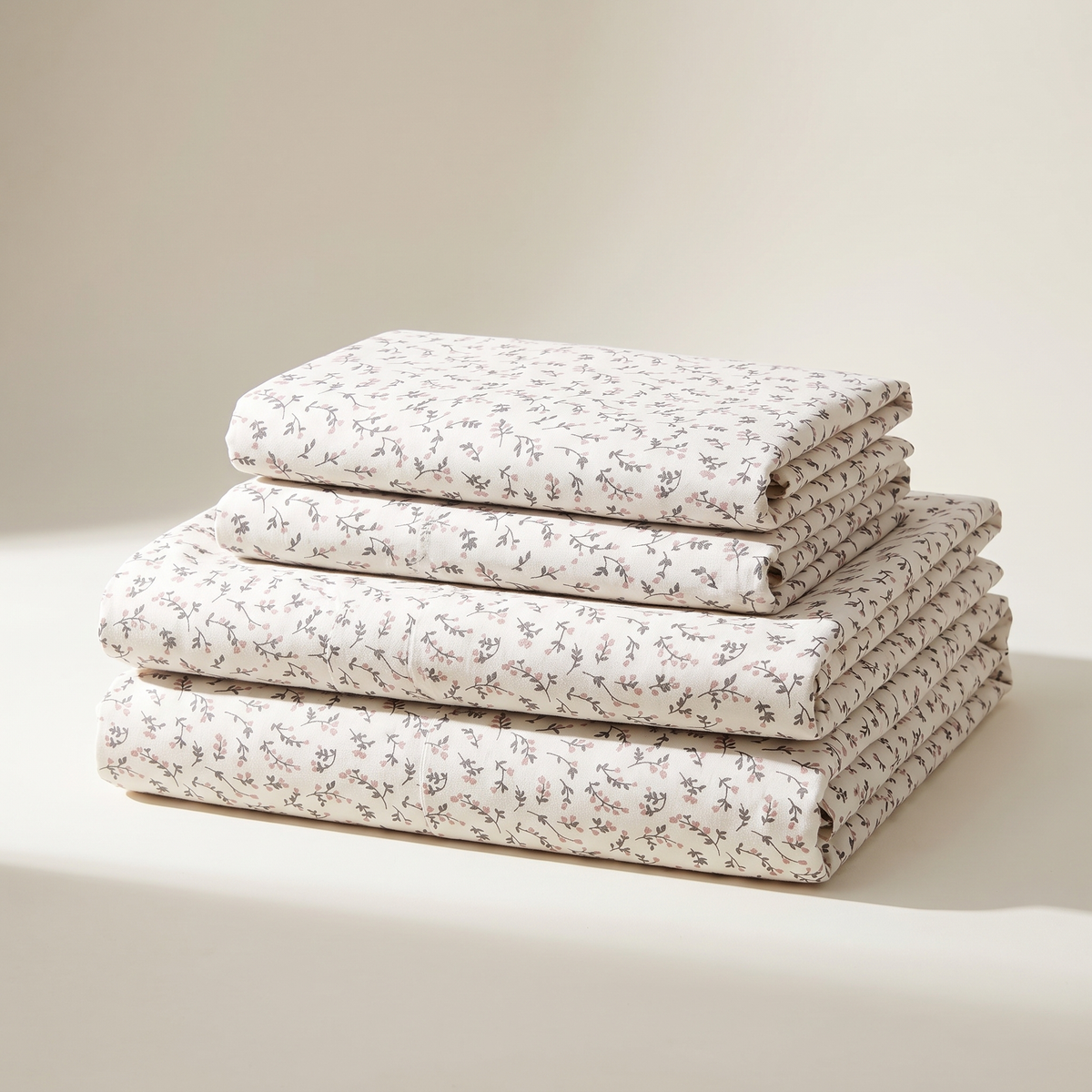 Rosewood Sheet Set, folded stack, fine gray vine on white