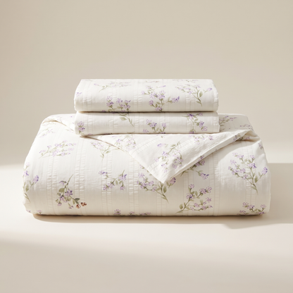 Lavender Duvet Cover Set, folded stack, lavender sprigs on cream