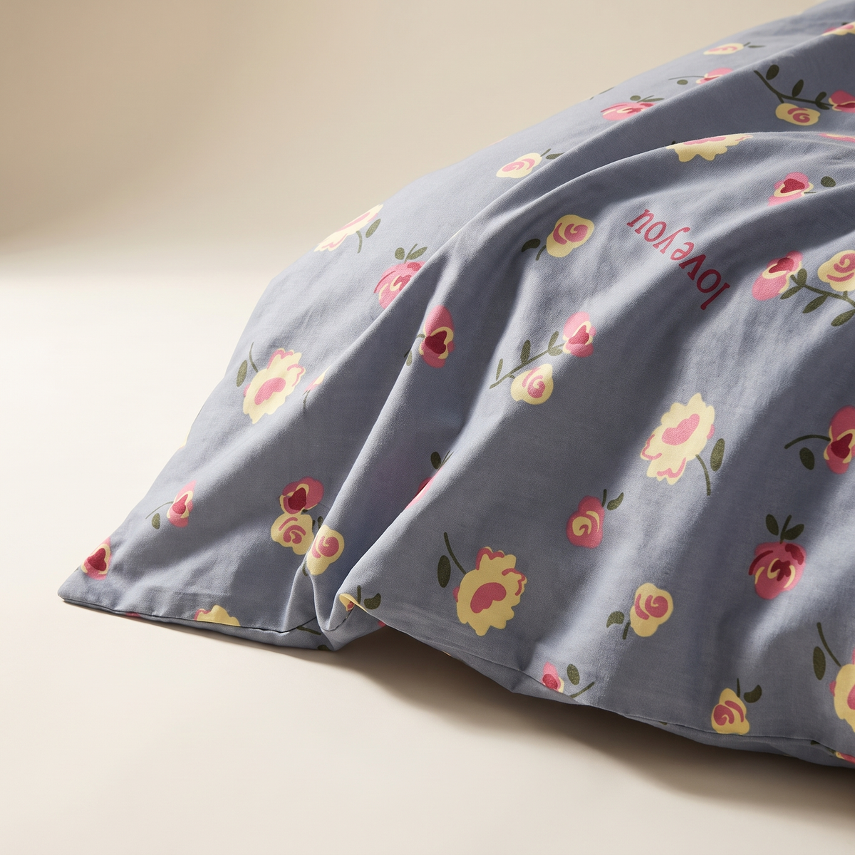 Amour Duvet Cover Set, fold detail, small roses and hearts on dusty blue