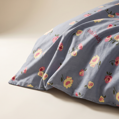 Amour Duvet Cover Set, fold detail, small roses and hearts on dusty blue