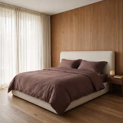 Mocha Duvet Cover Set, made bed in an oak slat bedroom, espresso brown