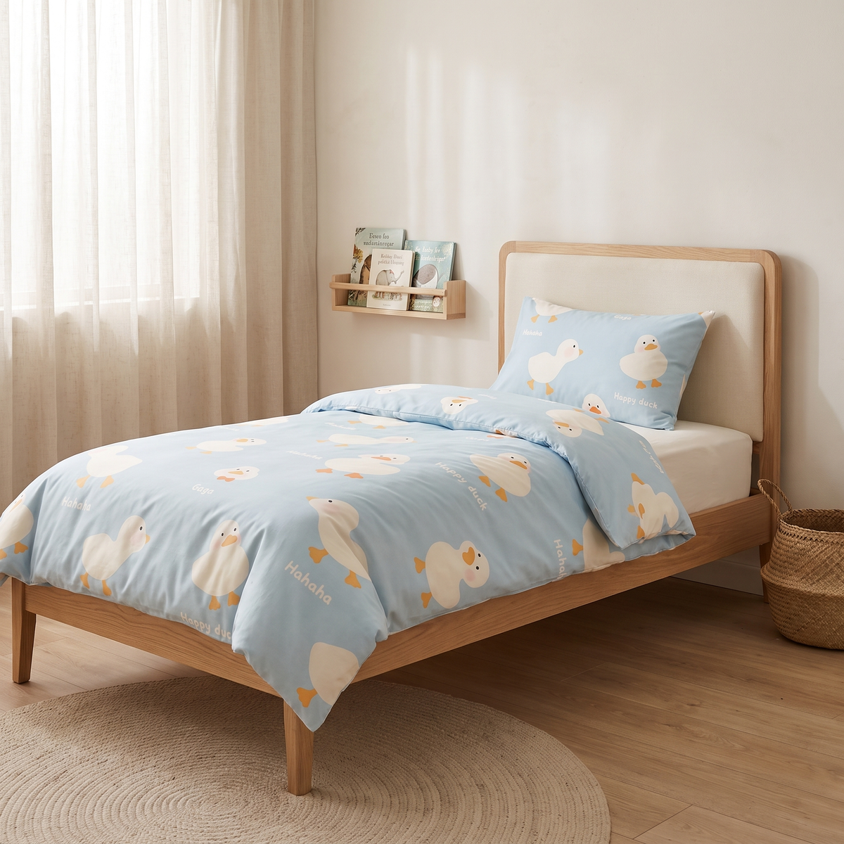 Puddle Duvet Cover Set, made bed, little ducks on pale blue