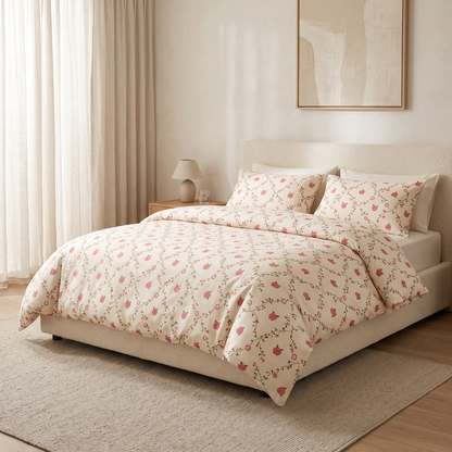 Trellis Duvet Cover Set, made bed, coral flowers on a green trellis