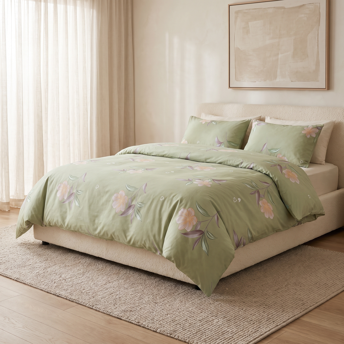 Lotus Duvet Cover Set, made bed, pale pink lotus flowers on sage green