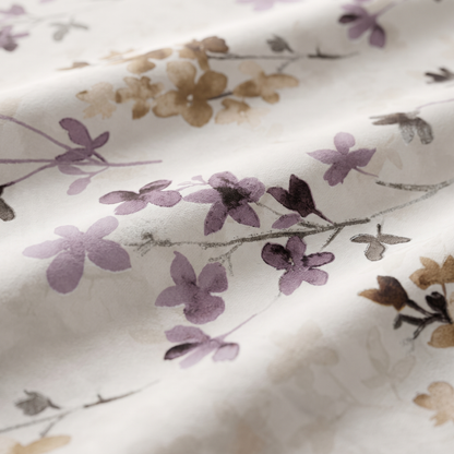 Blossom Duvet Cover Set, fabric close-up, plum and mauve blossoms on cream