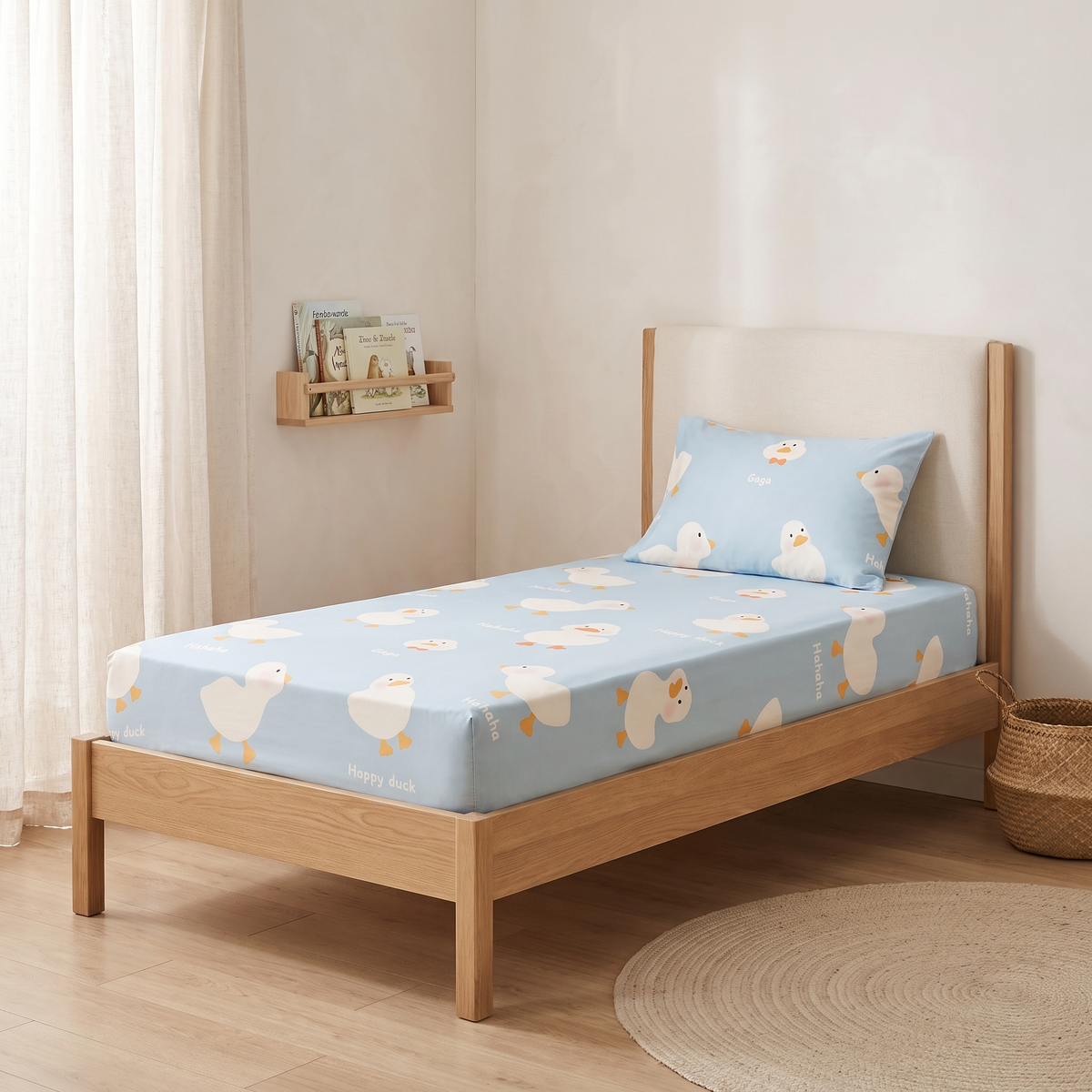 Puddle Sheet Set, made bed, little ducks on pale blue