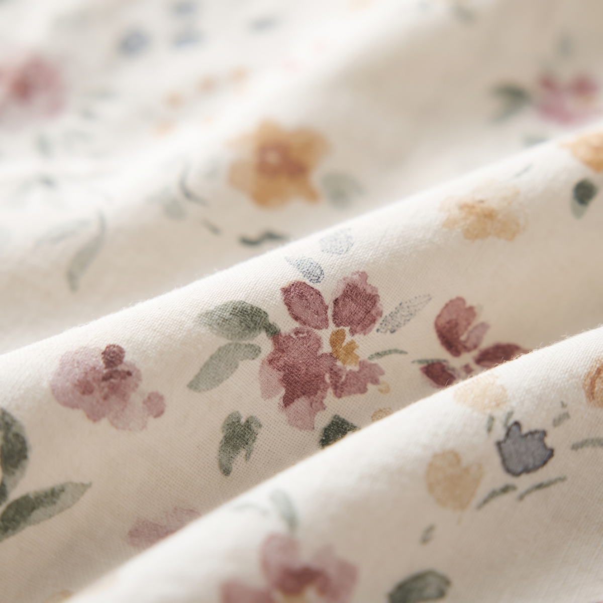 Meadow Duvet Cover Set, fabric close-up, watercolor wildflowers in rose and amber