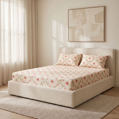 Trellis Sheet Set, made bed, coral flowers on a green trellis