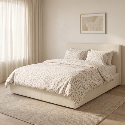 Rosewood Duvet Cover Set, made bed, fine gray vine on white