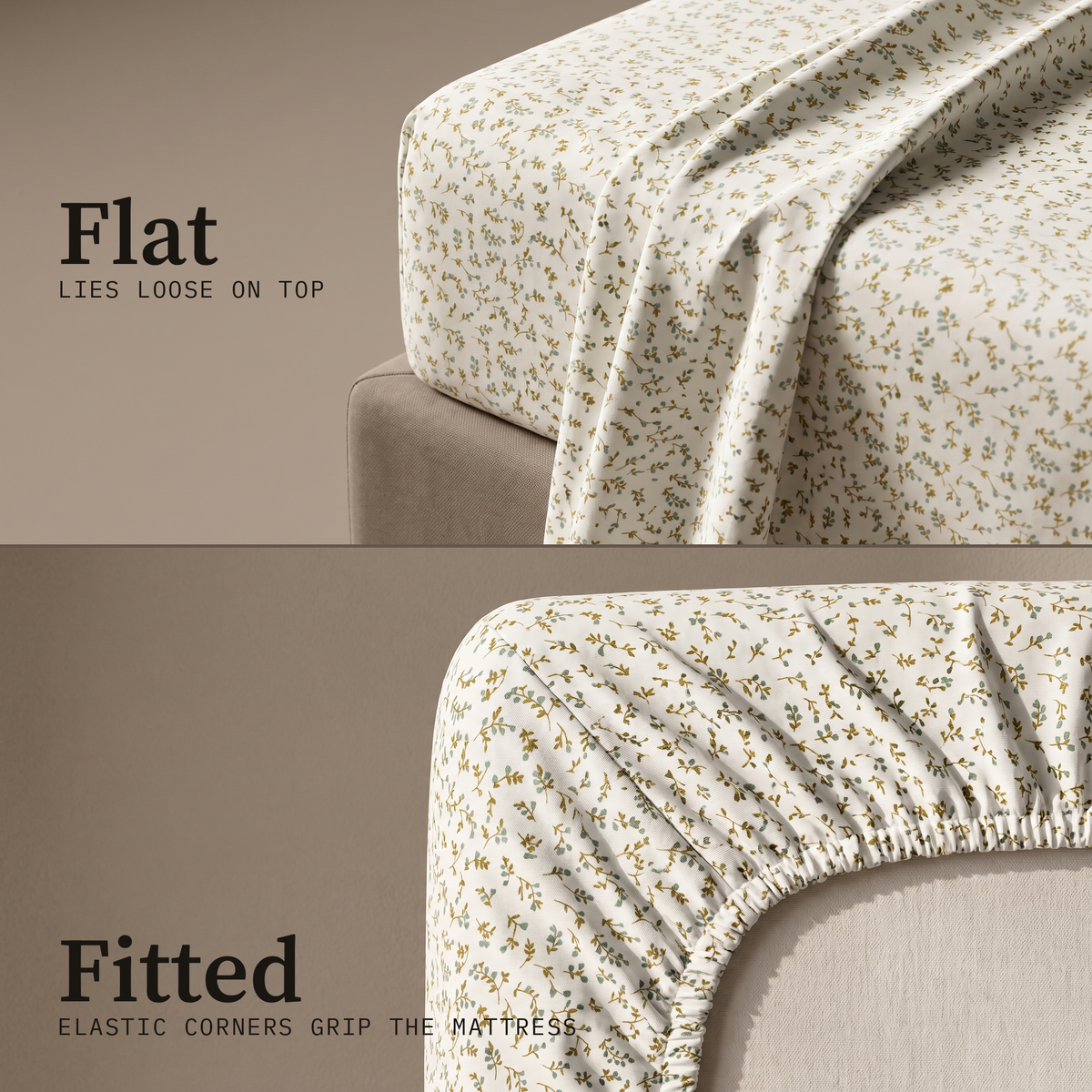 Olive Sheet Set, flat and fitted sheet side by side, olive leaf print on ivory