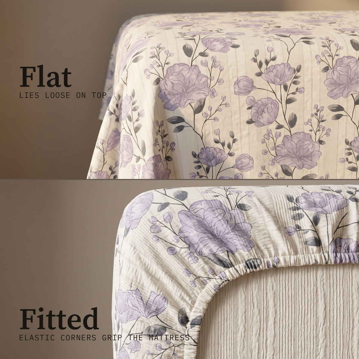 Peony Sheet Set, flat and fitted sheet side by side, lilac peonies on ivory