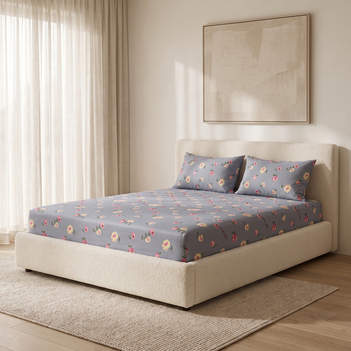 Amour Sheet Set, made bed, small roses and hearts on dusty blue