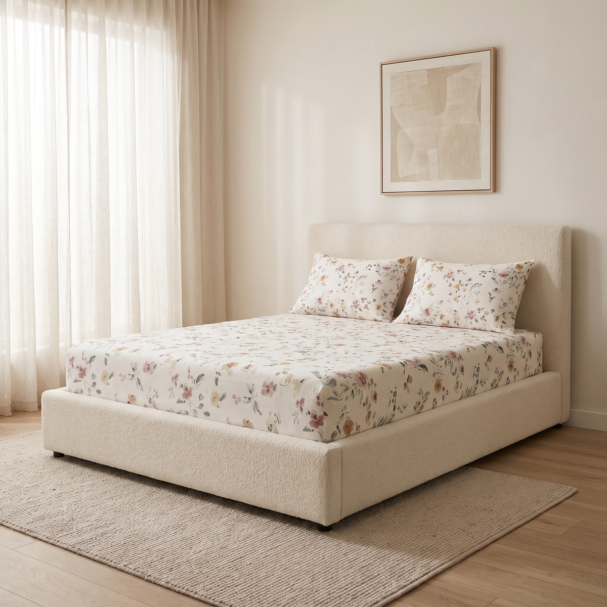 Meadow Sheet Set, made bed, watercolor wildflowers in rose and amber