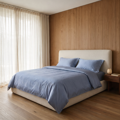 Cloud Sateen Duvet Cover Set, made bed in an oak slat bedroom, soft gray-blue