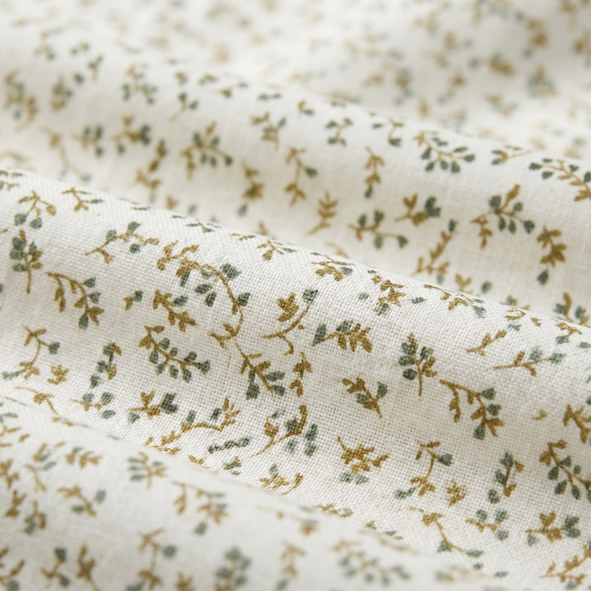 Olive Sheet Set, fabric close-up, olive leaf print on ivory