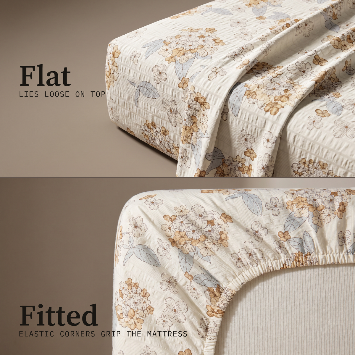 Petal Sheet Set, flat and fitted sheet side by side, tan and white cherry blossom on cream