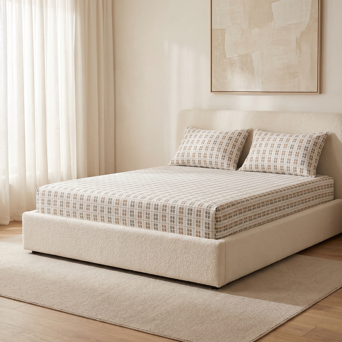 Saffron Sheet Set, made bed, camel and cream gingham