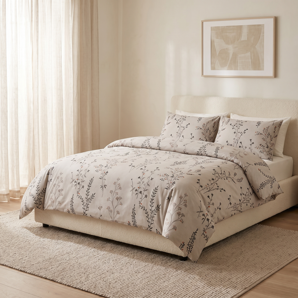 Willow Duvet Cover Set, made bed, dark wildflower stems on warm stone