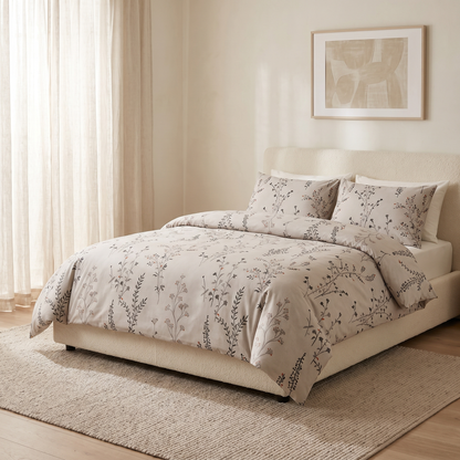 Willow Duvet Cover Set, made bed, dark wildflower stems on warm stone