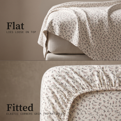 Rosewood Sheet Set, flat and fitted sheet side by side, fine gray vine on white