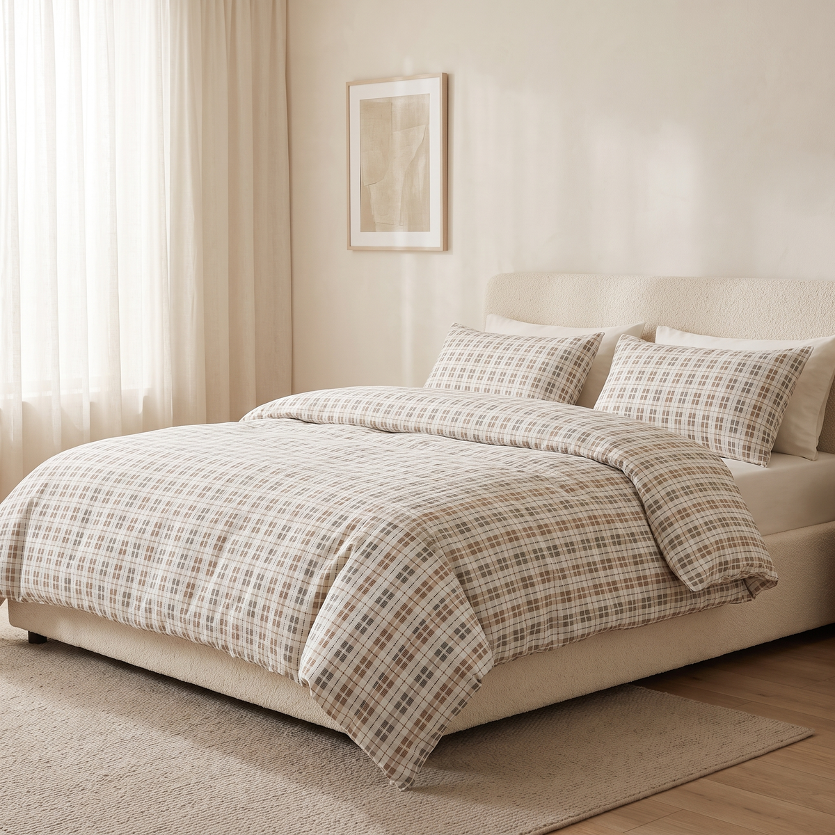 Saffron Duvet Cover Set, made bed, camel and cream gingham