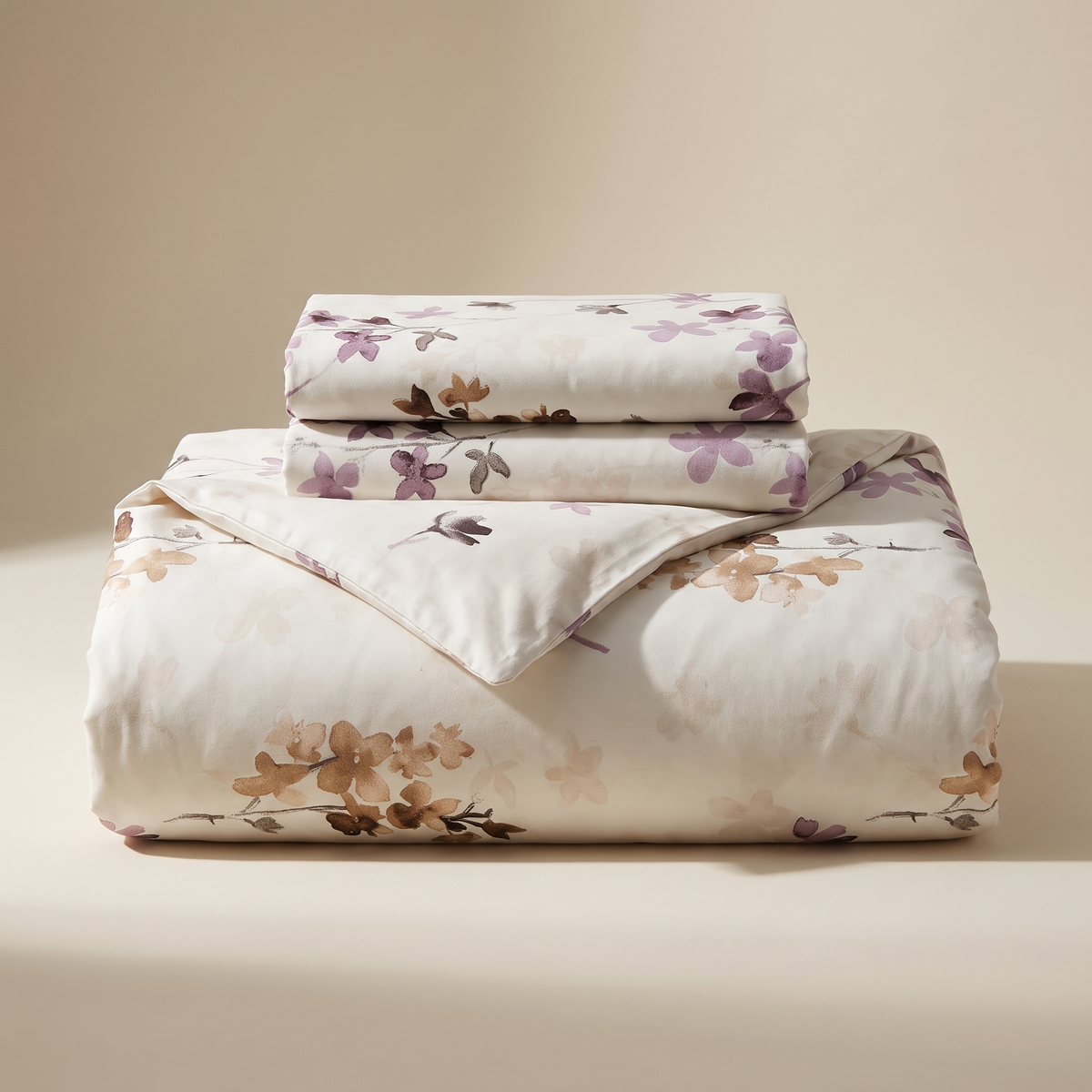 Blossom Duvet Cover Set, folded stack, plum and mauve blossoms on cream