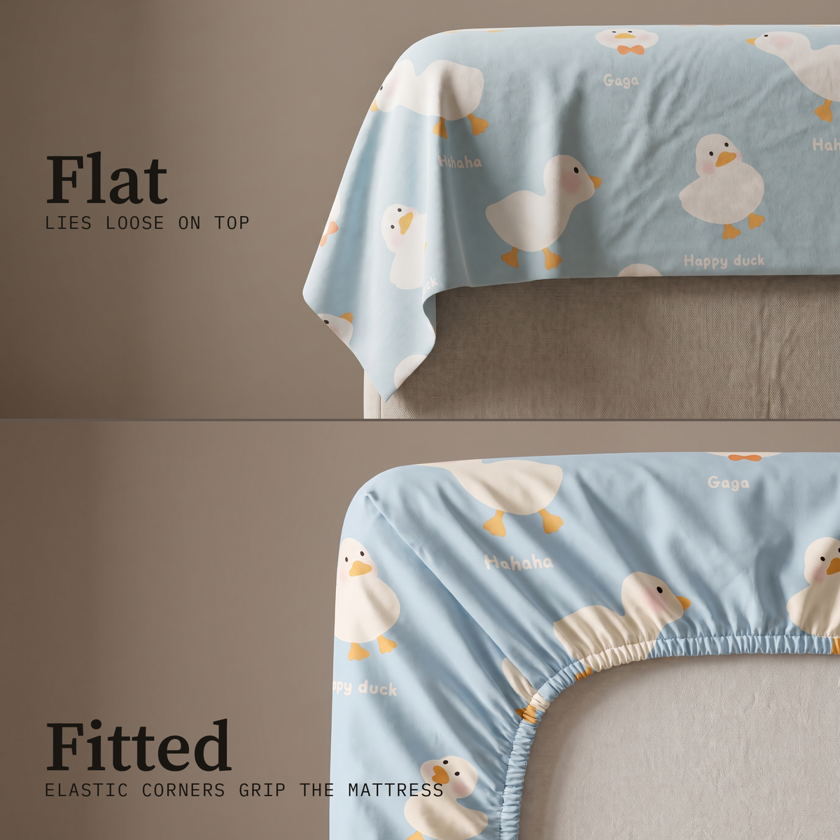 Puddle Sheet Set, flat and fitted sheet side by side, little ducks on pale blue