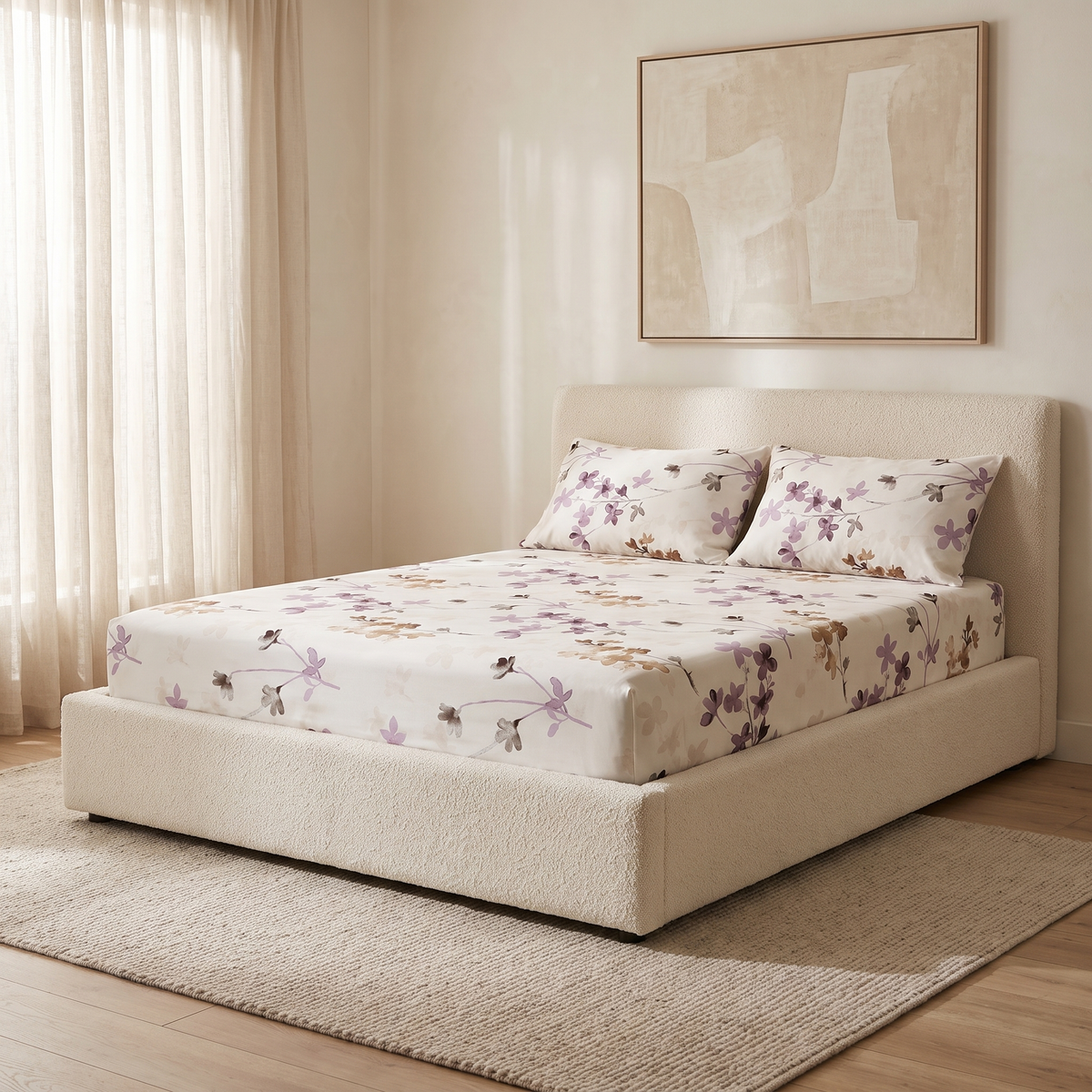 Blossom Sheet Set, made bed, plum and mauve blossoms on cream