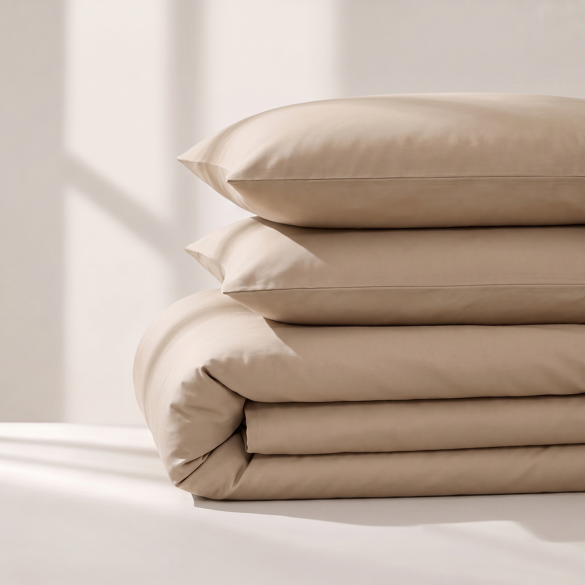 Sand Duvet Cover Set, folded stack, warm tan