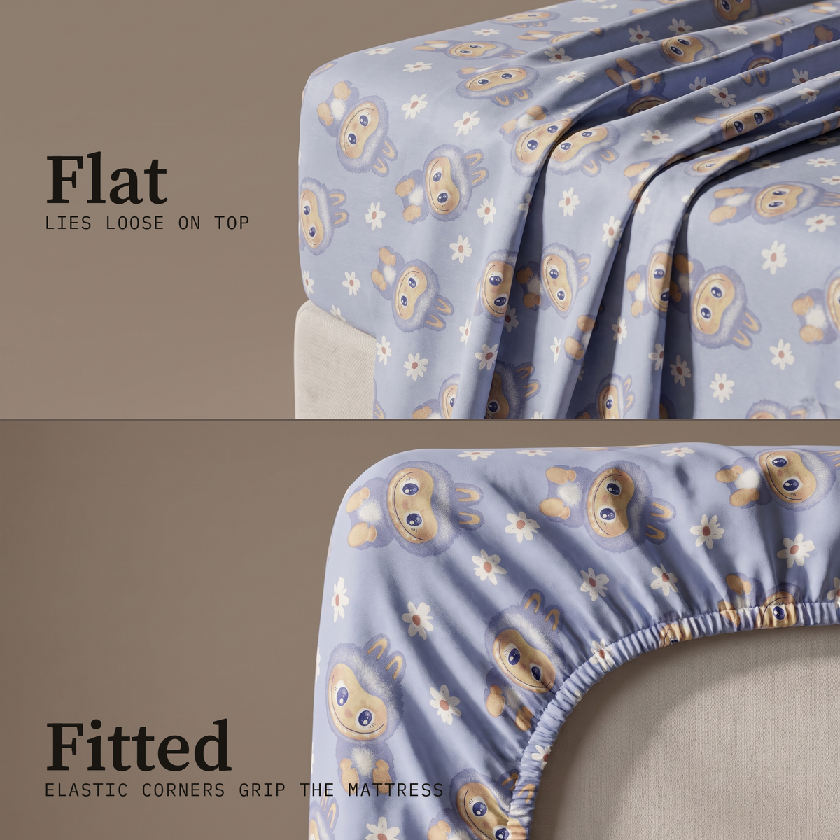 Burrow Sheet Set, flat and fitted sheet side by side, rabbits and daisies on periwinkle