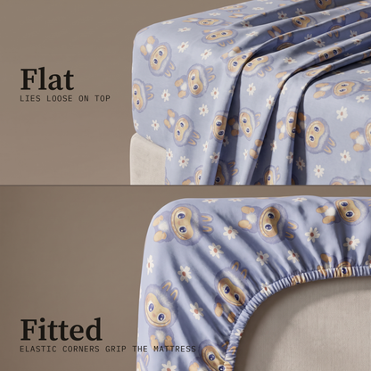 Burrow Sheet Set, flat and fitted sheet side by side, rabbits and daisies on periwinkle