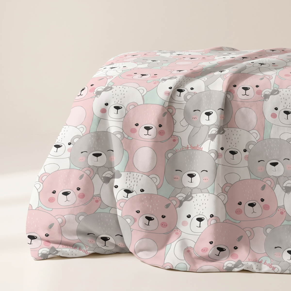 Cuddle Duvet Cover Set, fold detail, pink and gray teddy bears