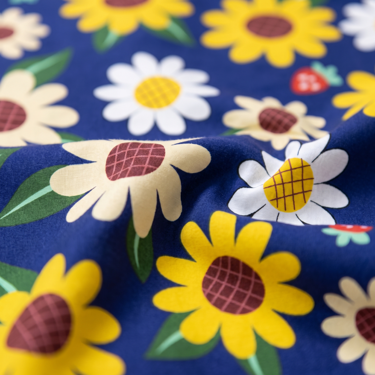 Sunny Duvet Cover Set, fabric close-up, sunflowers and daisies on navy