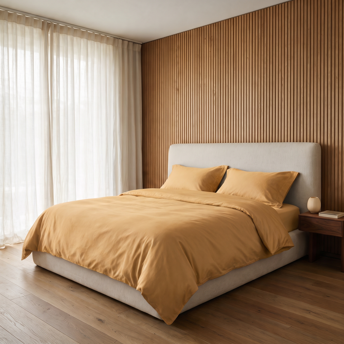Honey Duvet Cover Set, made bed in an oak slat bedroom, warm amber