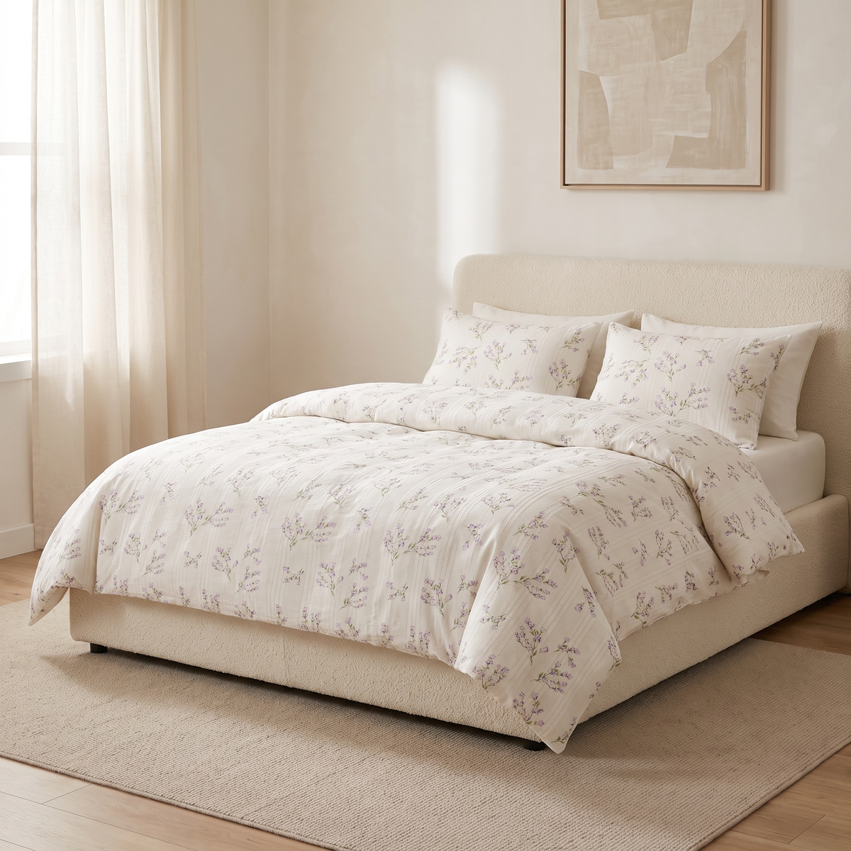 Lavender Duvet Cover Set, made bed, lavender sprigs on cream