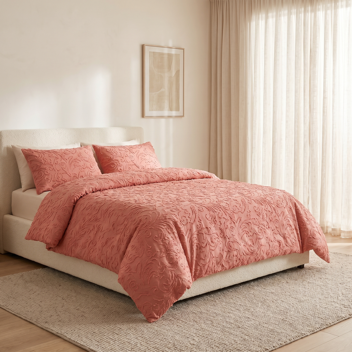 Coral Duvet Cover Set, made bed, warm coral with a raised damask